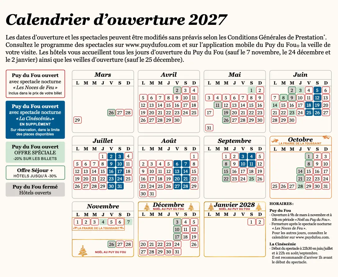 Calendrier 2027 Puy du fou